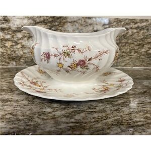 Floral Antique China Gravy Boat with Attached Saucer
